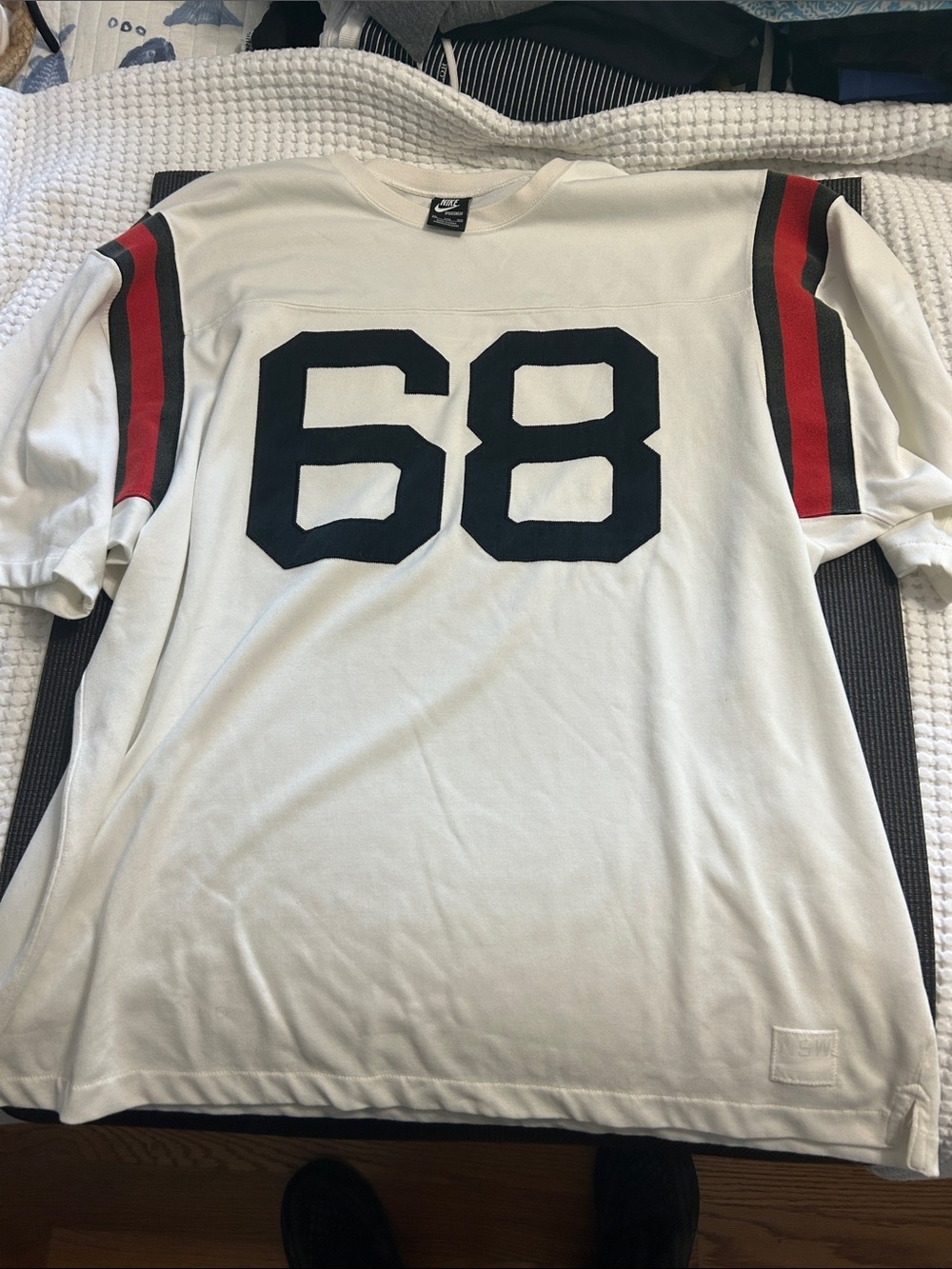 Nike White Men's Short Sleeve Jersey with Black '68' and Red Stripe Sleeves